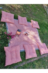 Çok Amaçlı Turuncu Piknik Örtü Seti 6 Adet 40x40 Minder 170x170 Masa Örtüsü